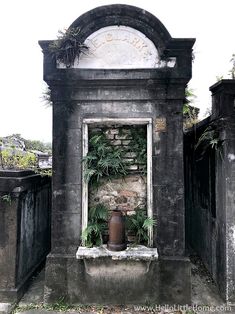 an old building with a fountain and plants growing out of it