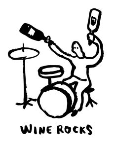 a drawing of a man playing the drums and holding a wine bottle in his hand