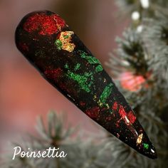 Poinsettia dip powder is a gorgeous black base with red, green and gold metallic foils.  This one is perfect for your festive and fun manis.  For best results, top with our Krystal clear. Our Sizing Sample 1 tsp - 1-2 manis  Regular 5-7 manis  .25 oz (filled by weight) Large 10+ manis  .5 oz jar The number of manis will depend on how many layers of dip you like.  We like 2 layers of dip for solids and most glitters.  Some glitters look great with just one dip.  All of our swatches have been dipped twice.   We add a layer of our Krystal clear dip on top of all glitters and foils. We suggest pouring dip into a cupcake liner, giving it a good mix and then giving it a little shake to bring any glitter or sparkles to the top.  For glitter dips, we like to turn our hand over and "lay" the finger Gold Foil Nail, Christmas Dip, Xmas Nail, Xmas Nail Art, Foil Nail Art, Nail Dip, Glitter Dipped, Nail Products, Foil Nails