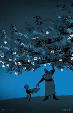 a man holding the hand of a child as they walk under a tree with lanterns