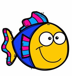 a yellow fish with a blue and pink striped hat on it's head is looking at the camera