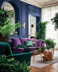 a living room filled with purple couches and lots of greenery on the walls