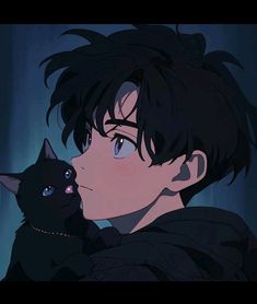 an anime character holding a black cat in his arms and looking at the camera man's face