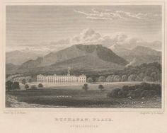 an old drawing of a large building in the middle of a field with mountains behind it