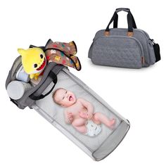 two baby items are shown next to each other, including a diaper bag and an infant doll