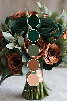 a bridal bouquet with roses and greenery in shades of green, brown, and beige