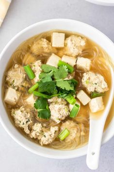 a bowl of soup with tofu, green onions and cilantro on the side