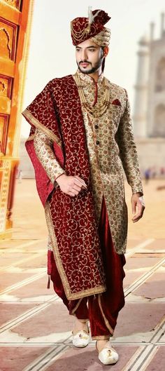 Beige and Brown color Art Silk, Silk fabric IndoWestern Dress : 1779605 Sherwani For Men Wedding Royals, Indowestern Dress, Embroidered Sherwani, Formal Dresses For Men, Sherwani Groom, Mens Sherwani, Indian Bridal Photos, Sherwani For Men, Man Dressing Style