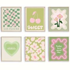 four framed pictures with flowers and hearts on the wall, one is for children's room