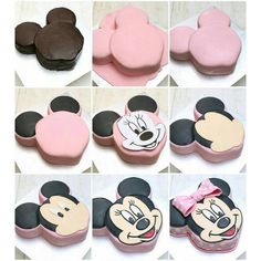 various images of mickey mouse cookies with fondant and icing on the top one has a pink bow