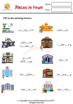 a worksheet with different types of town names