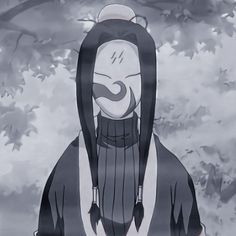 an anime character with long black hair standing in front of trees