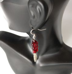 Red Sterling Silver Beaded Earrings, Red Wire Wrapped Drop Earrings, Red Wire Wrapped Metal Jewelry, Red Beaded Sterling Silver Earrings, Red Czech Glass Earrings With Dangling Beads, Red Dangle Earrings With Ear Wire, Red Czech Glass Jewelry For Party, Red Sterling Silver Nickel-free Beaded Earrings, Nickel-free Red Beaded Sterling Silver Earrings