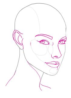 a drawing of a woman's face with pink lines on the forehead and shoulders