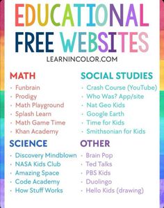 a rainbow poster with the words educational free web sites and other activities to teach kids