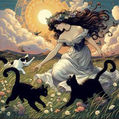 a painting of a woman surrounded by cats in a field with the sun behind her