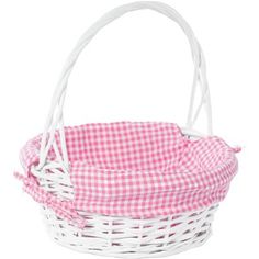 a white basket with pink gingham fabric on the handle and bottom, sitting in front of a white background