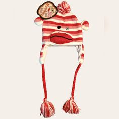 Tassel Beanie, Sock Monkey Hat, Monkey Hat, Cute Scarf, Cute Scarfs, Button Eyes, White Fleece, Nice Clothes, Sock Monkey