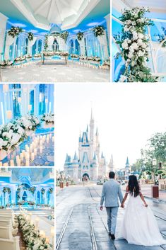 the bride and groom are walking down the street in front of cinderella's castle