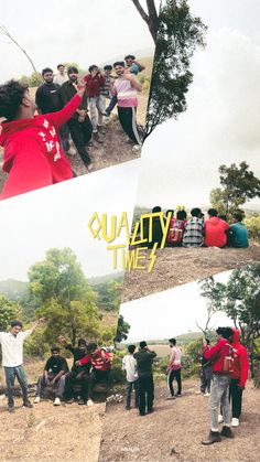 collage of people standing and sitting in front of trees with the words quality time written on them