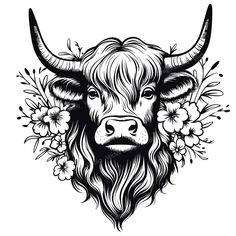 the head of a bull with long horns and flowers on it's face, in black and white