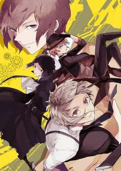 an anime poster with the characters in black and white