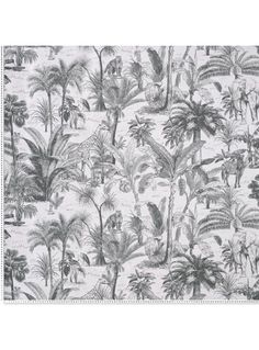 a black and white photo of palm trees on a wallpapered background with an embroidered border