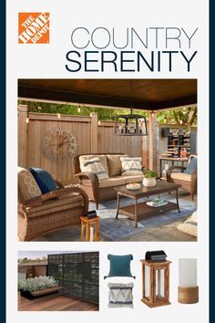 an advertisement for the home depot's country serenity catalog, featuring furniture and accessories