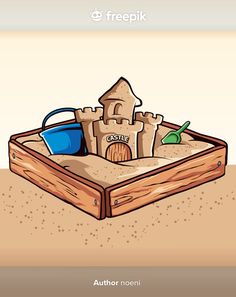 a cartoon sand castle with shovels and water in the sand, on top of a wooden box