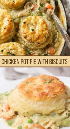 top portion is picture of chicken pot pie topped with biscuits. Bottom portion is video of chicken pot pie being made Homemade Chicken Pot Pie With Biscuits, Easy Cheap Meals Families, Wednesday Dinner Ideas, Chicken Pot Pie Video, Chicken Pot Pie Recipe With Biscuits, Chicken Pot Pie With Biscuits, Pot Pie With Biscuits, Biscuit Chicken Pot Pie, Grands Biscuits