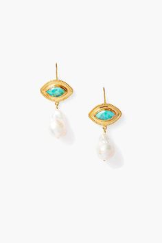 Drop earring featuring a gold wrapped turquoise marquise stone with a baroque pearl drop. 18k gold plated sterling silver, turquoise, freshwater pearl. 1 3/4" drop. Handmade in Vietnam. Gold Wrap, Evil Eye Earrings, Earrings Turquoise, Eye Earrings, Drop Earring, Pearl Drop, Baroque Pearls, Silver Turquoise, Gold Plated Sterling Silver