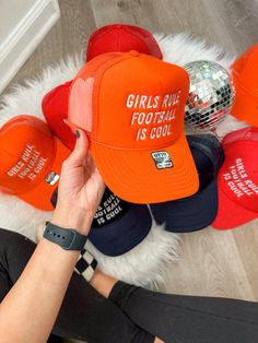 Girls Rule Football is Cool Trucker Hat Orange Tennessee Trucker Hat Game Day Kansas City Football Hat for Women Funny Trucker Football Hat ★  P R O D U C T - D E T A I L S ★ 100% polyester foam front 100% polyester mesh back Matching fabric undervisor Adjustable plastic snap One size fits most Embroidered Font If you would like adjustments or customization to color of hat and font please message the shop ★ P R O D U C T I O N - T I M E ★ 5-7 days (please contact shop if you need rush shipping) ★  C A R E - I N S T R U C T I O N S ★ Hand was with soap and cold water Air Dry ★ CUSTOMIZATION ★ If you wish to have any customization to this hat such as color or font feel free to message the shop! For this product we do not accept returns or exchanges. If you have an issue with your order pleas Cheap Trucker Hat With Letter Print For Sports, Team Mom Football, Trucker Humor, Girls Football, College Gameday, Kansas City Football, Team Mom, Girls Rules