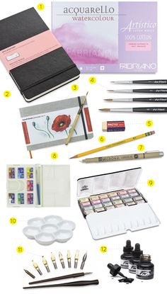 an assortment of art supplies including watercolors and pens