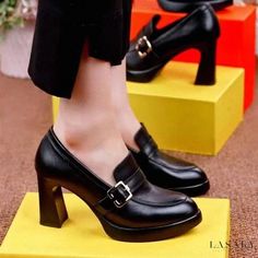 Lasaky - Waterproof Platform High Heels with Pointed Toe, Thick Sole, Chunky Heel, Fashionable Deep Vamp and Leather Material Office Shoes Women, Pointy Toe Shoes, Chunky Heel Pumps, Round Toe Shoes, Black Shoes Women, Platform Heels Chunky, Platform High Heels, Leather High Heels, Black Leather Shoes