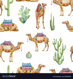 seamless pattern with camels and cacti on white background stock photo - 787982