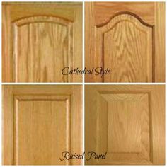 four different types of kitchen cabinets with wood grained doors and paneling on them