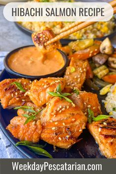 chicken wings with dipping sauce and vegetables on a blue plate, with text overlay that reads hibasi salmon recipe