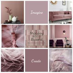 a collage of images with the words monday mood board written in white and pink