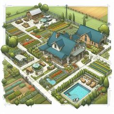 this is an artist's rendering of a large garden with a swimming pool in the center