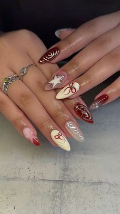 Nails For A Pink Hoco Dress, Red Nail Art Designs Aesthetic, Cool Red Nails Design, Soft Almond Nails Designs, Easy Simple Nails Design, Red And Cherry Nails, Nails London Style, Nail Designs For Red Nails, Fall Nails Coquette