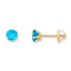 A round bright blue cubic zirconia shines in each of these children's stud earrings, styled in 14K yellow gold. Perfect for a December birthday, the earrings secure with screw backs. Create Account, Gold Stock, Jewelry Education, Jewelry Advice, December Birthday, Jared The Galleria Of Jewelry, Solitaire Earrings, Solitaire Studs, Blue Gems