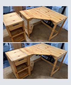 two pictures of a desk made out of wood and some shelves on the bottom right