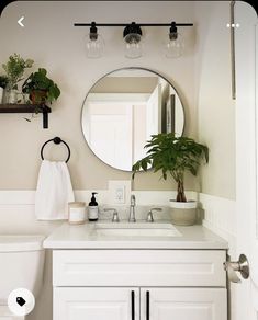 a bathroom with a toilet, sink and mirror in it's corner area next to a potted plant