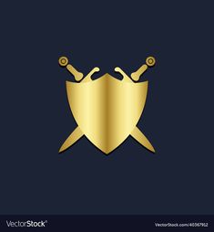 two golden swords and shield on a dark background with space for your text or image