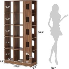 a tall wooden bookcase with measurements for it