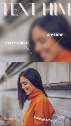 a woman in an orange sweater texting on her phone