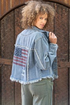 USA Denim Jacket American Flag Print, The Perfect Girl, Some Girls, Girls Night Out, Raw Edge, Red White Blue, Girls Night, American Flag, Blue Denim