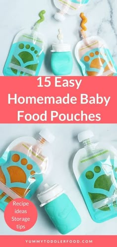 baby bottles with the words, 15 easy homemade baby food pouches on top and below