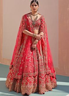 Bridal Regal Red Raw Silk Double Dupatta Lehenga Set Angad Singh - Fabilicious Fashion Double Dupatta, Latest Bridal Lehenga Designs, Baju Kahwin, Red Bridal Dress, Bridal Lehenga Designs, Latest Bridal Lehenga, Raw Silk Lehenga, Wedding Lehenga Designs, Zardozi Embroidery