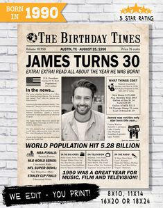 an old newspaper advertises the birthday times for james turns 30, which is on display